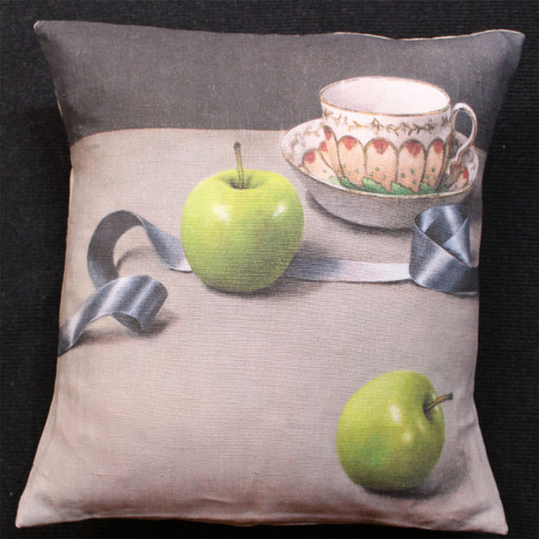 + Anita Mertzlin Linen Cushion - Apple And Ribbon Square size (Limited Edition) - The Lost + Found Department